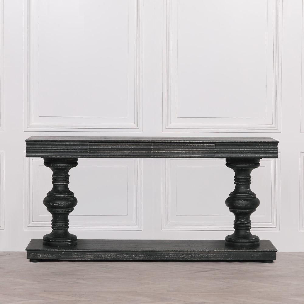 Product photograph of Distressed Black Painted Wooden 2 Drawer Console Table from Choice Furniture Superstore.